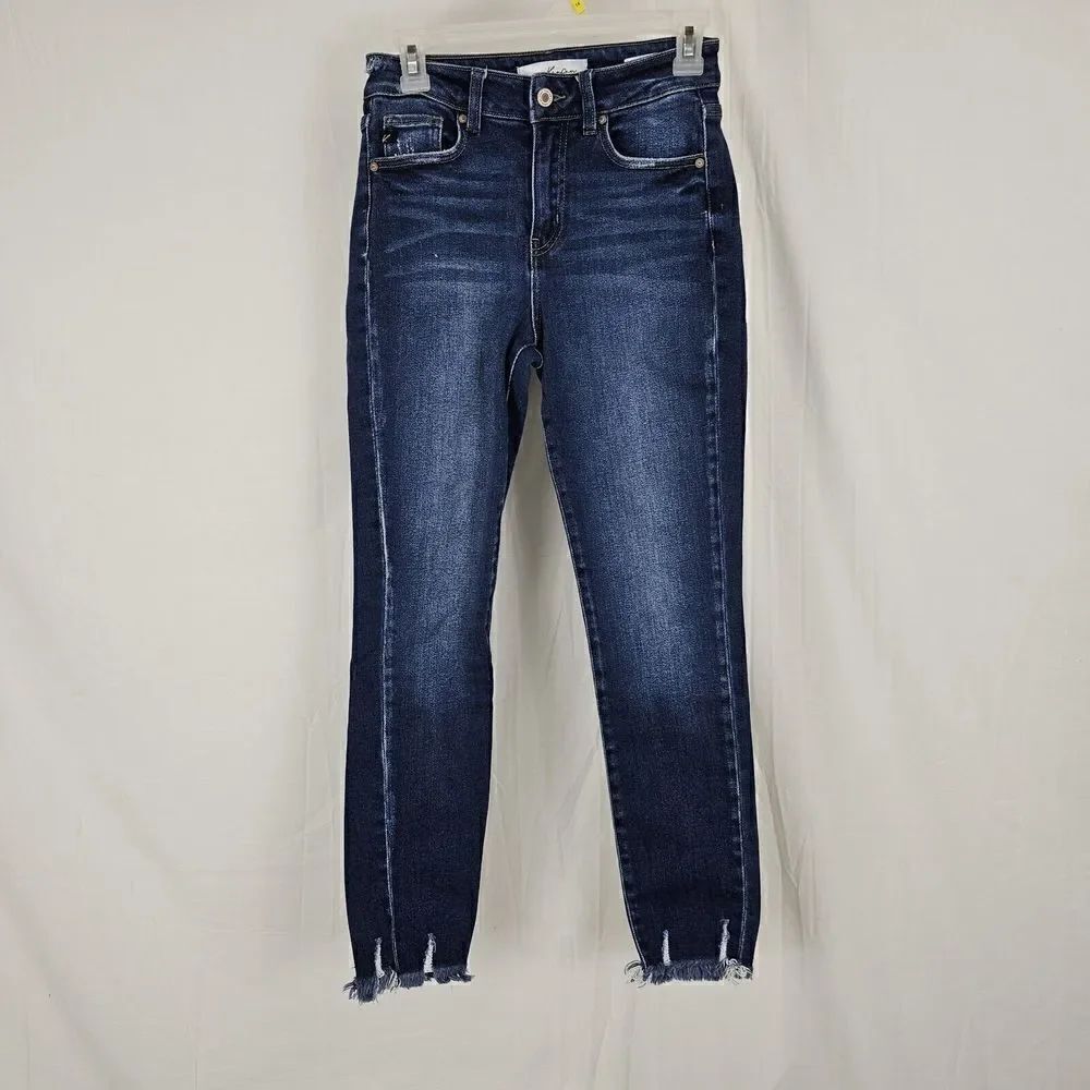 KanCan Jay High Rise Ankle Skinny Jeans Womens 5 / 26 Blue Stretch Fringe Hem